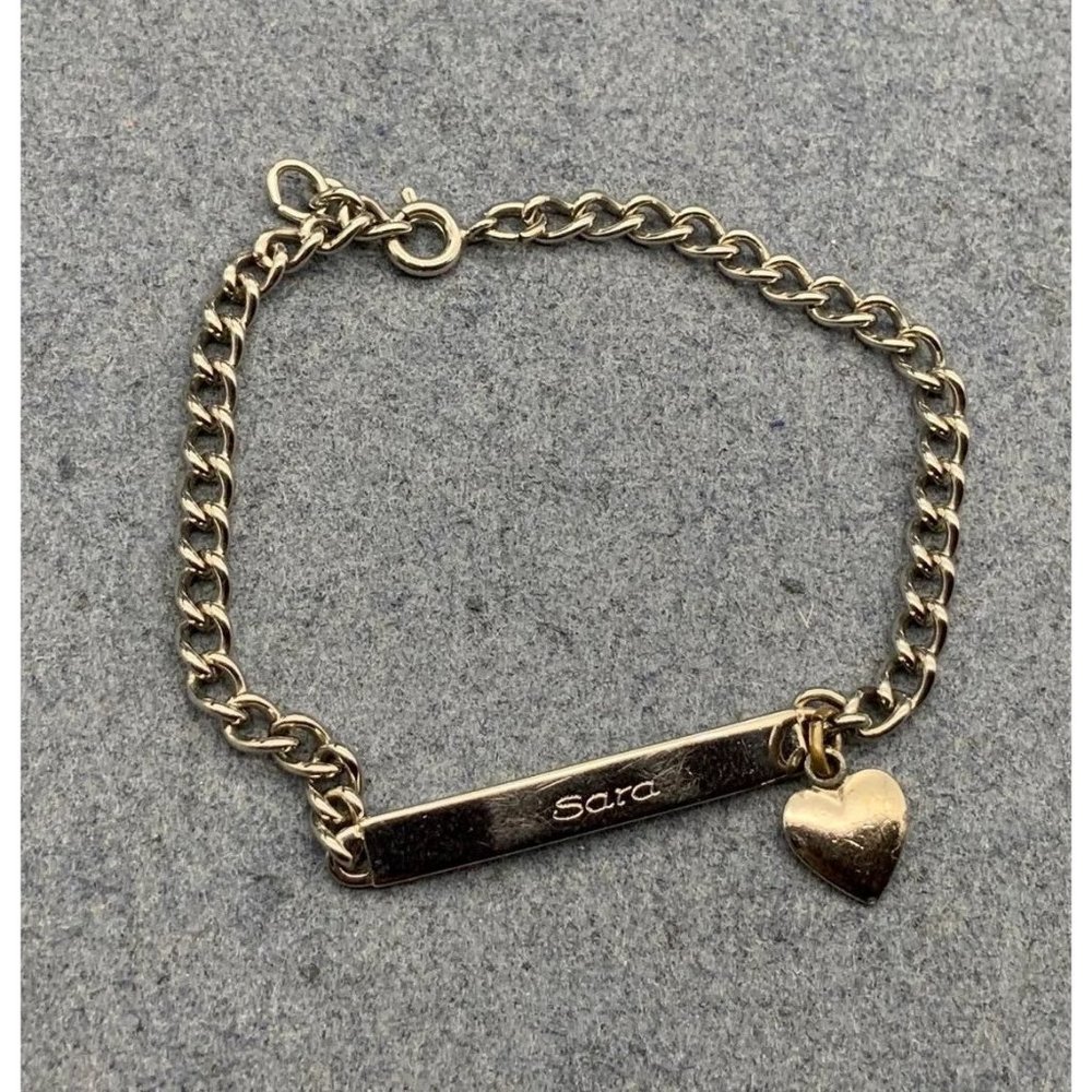 Sara ID Charm Bracelet Silver Chain Heart Dangle Shorter Length